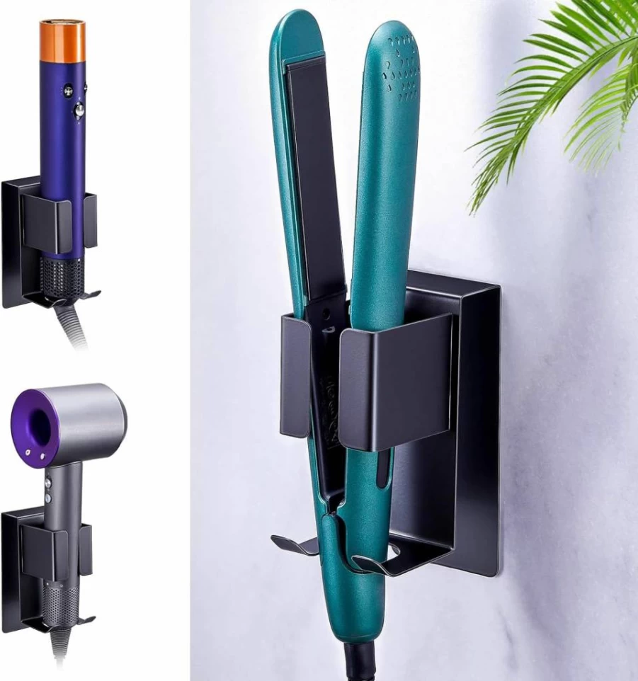 WAYASI Wall Mounted Hair Tool Organizer - Stainless Steel Holder for Hair Dryer, Straightener & Curling Iron, Black Bathroom Storage Solution