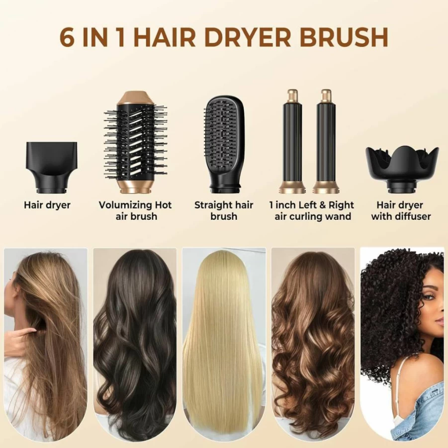 Yitrust 6-in-1 Ionic Hair Dryer Brush: Blow Dryer, Curling Iron & Volumizing Styler for Straight or Curly Hair with Diffuser Attachment