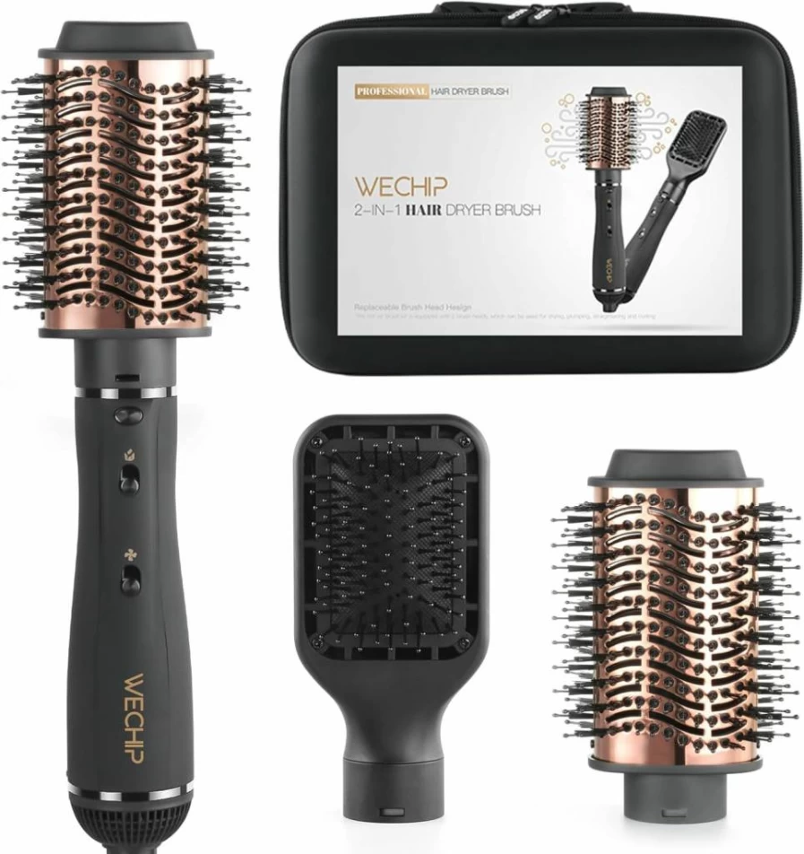 WeChip 2-in-1 Hot Air Brush & Hair Dryer with Ceramic Ionic Technology - 3 Heat Settings for Drying, Straightening, Curling Hair
