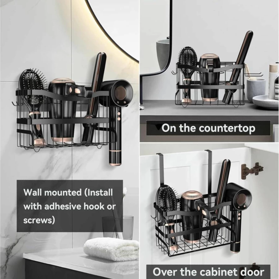Dailyart 3-in-1 Metal Wall Mounted Hair Tool Organizer for Blow Dryer, Flat Iron & Curling Wand - Bathroom Storage Holder for Hot Tools