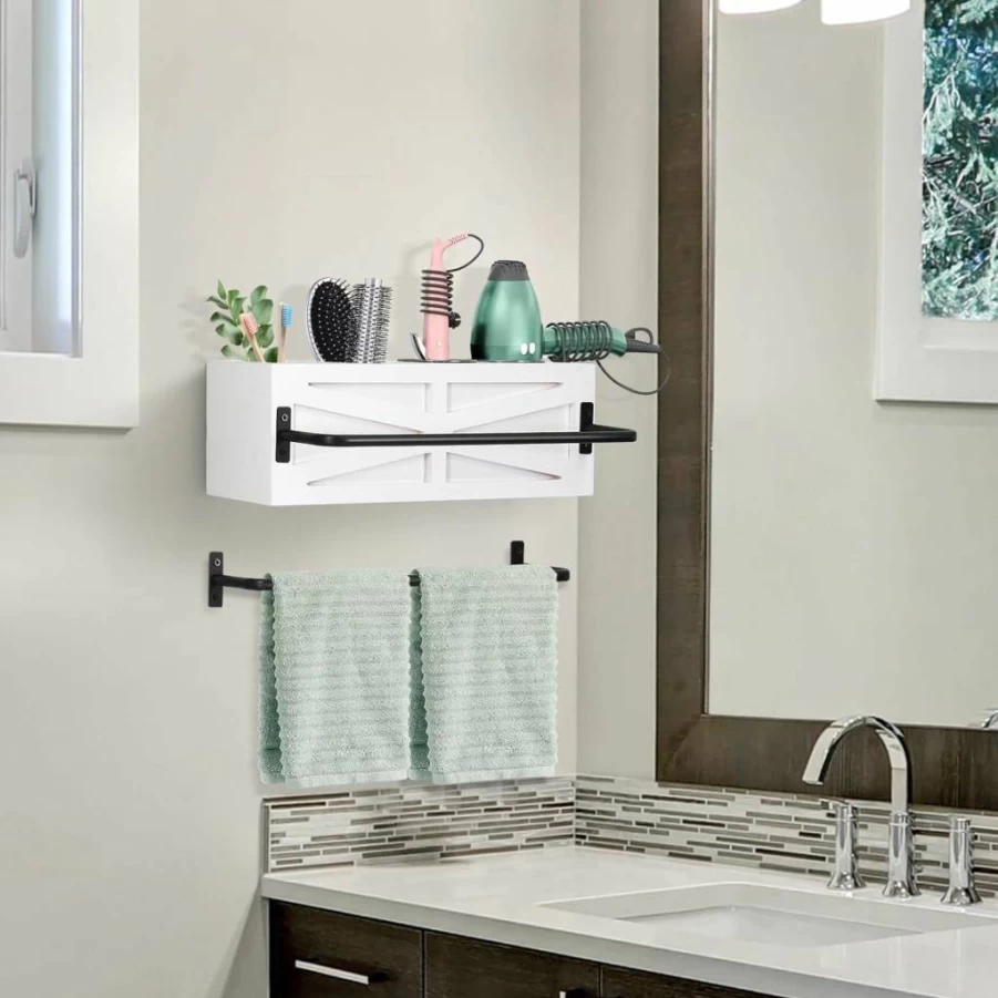 Y&ME YM Wall Mounted Hair Dryer Holder - Rustic Wooden Bathroom Organizer with 2 Towel Bars for Blow Dryer, Flat Iron, Curling Wand & Brushes, White Hot Tools Storage Solution