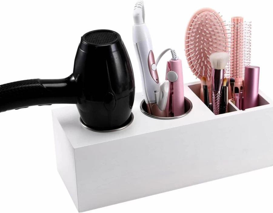 RAIKEDR Cedar Wood Blow Dryer Holder - Wall Mount & Countertop Hair Tool Organizer for Bathroom, Cabinet Door Storage for Hair Dryer and Curling Iron (Black)