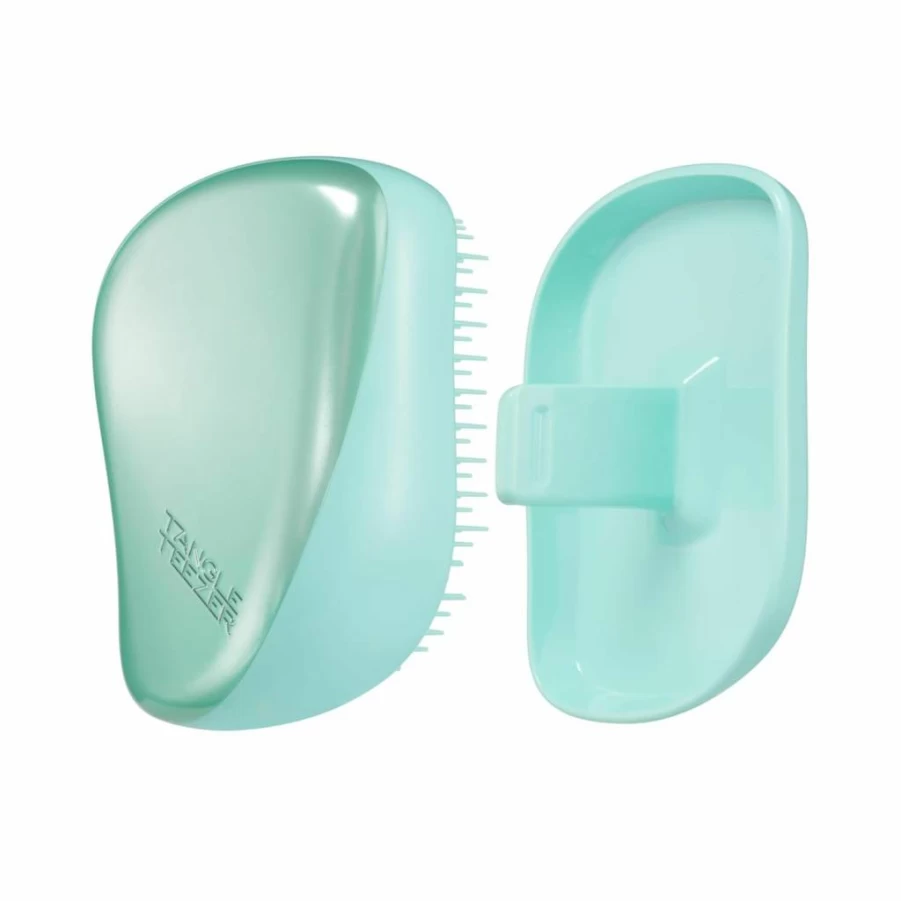 TANGLE TEEZER Compact Detangling Hairbrush for Wet & Dry Hair - Travel-Friendly with Protective Cover, Two-Tiered Teeth Design, Teal Matte Chrome, Fights Flyaways