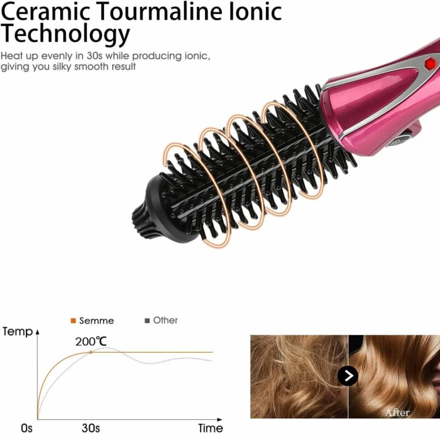 Semme Professional Anti-Scald Curling Iron Brush with Instant Heat, 110-240V USB Plug, for Long & Short Hair – Hot Air Styler & Curling Wand