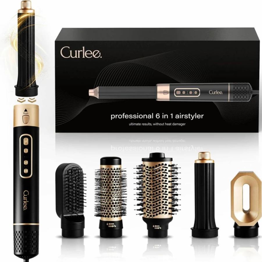 Curlee 1200W Hair Dryer Brush & Styler - 6-in-1 Blow Dryer with Curling Iron for Smoothing, Volumizing & Enhancing Curls, Includes Storage Box (Black)