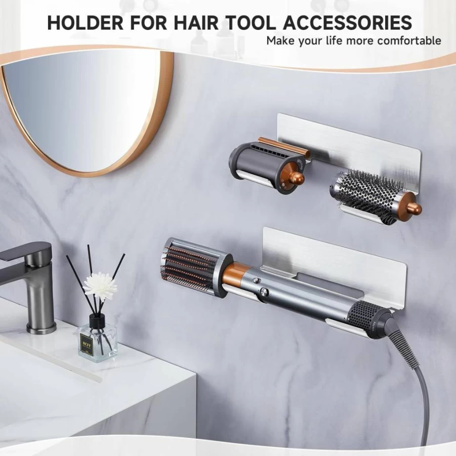 Oukimly Stainless Steel Hair Tool Organizer Wall Mount - Adhesive Holder for Hair Dryer, Curling Iron, Straightener & Styler Accessories