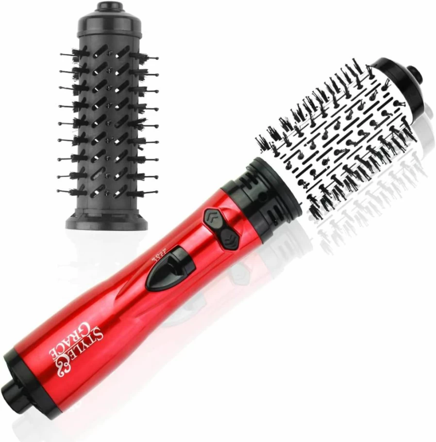 SMY 2-in-1 Rotating Hot Air Brush & Hair Dryer for Curly Waves, Salon-Qualty Styler with Ionic Technology, Home Hair Care Tool (Red)
