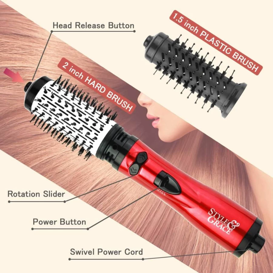 SMY 2-in-1 Rotating Hot Air Brush & Hair Dryer for Curly Waves, Salon-Qualty Styler with Ionic Technology, Home Hair Care Tool (Red)