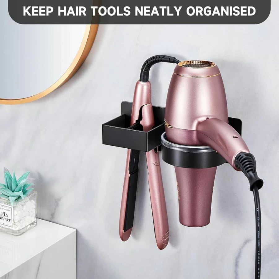 XILIMEN Wall Mounted Hair Dryer Holder - Adhesive Stainless Steel Blow Dryer & Straightener Organizer for Bathroom Storage