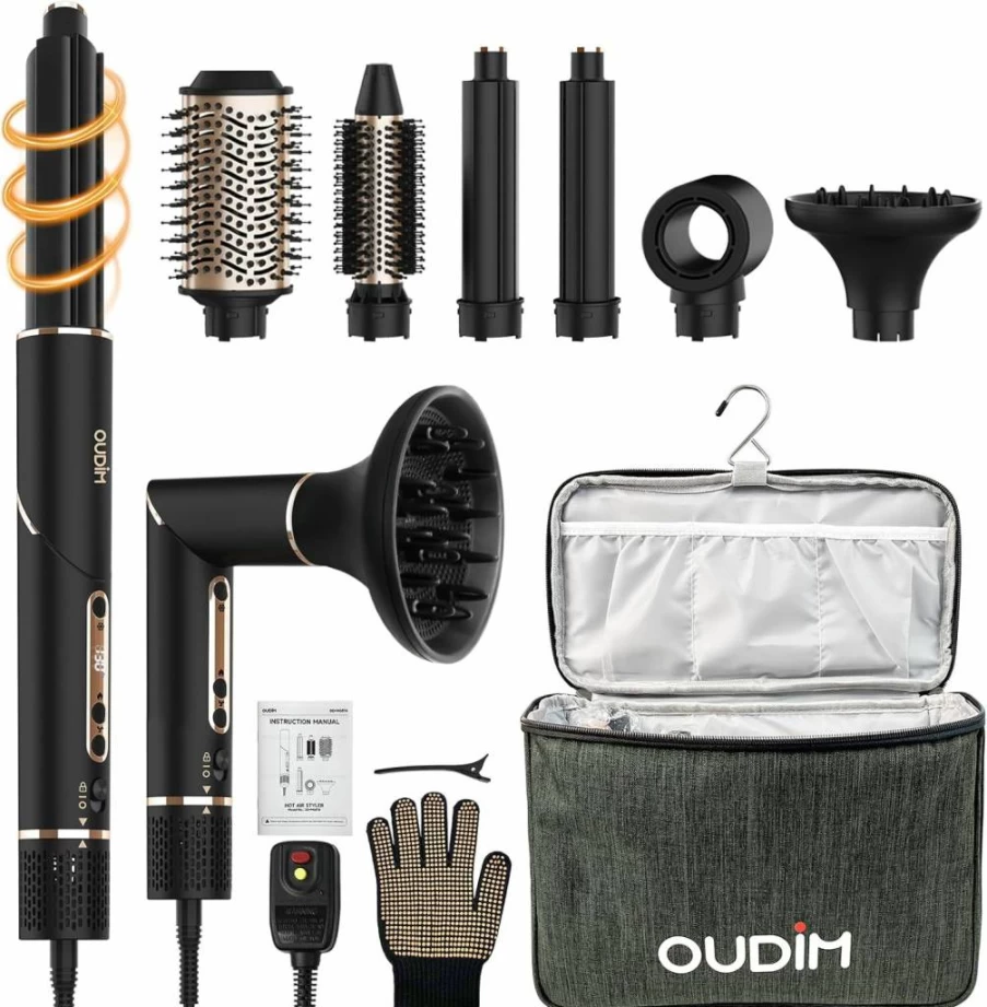 Oudim 6-in-1 Hot Air Brush with Interchangeable Nozzles, Negative Ion Hair Styler & Blow Dryer, 110000 RPM Brushless Motor, Fast Drying, Includes Storage Bag