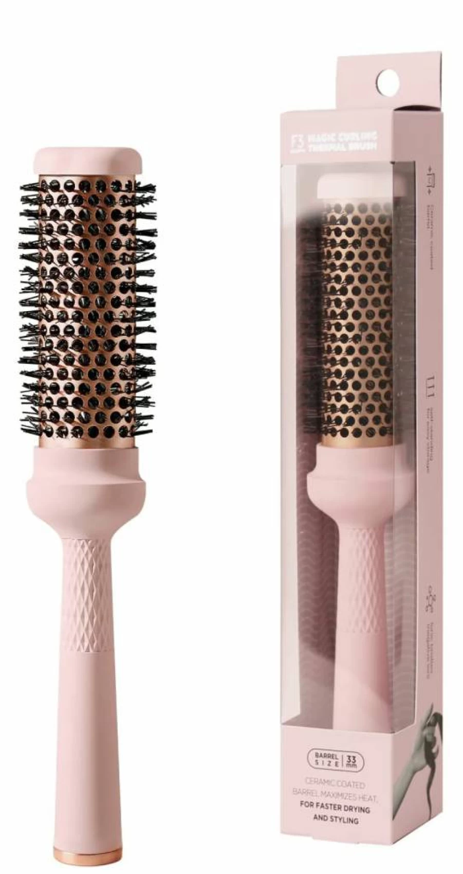 F3 Systems Magic Curling Thermal Brush - 1.7 Inch Ceramic Ionic Styler for Fast Blowout, Voluminous Waves & Heat Protection, Self-Standing Quick Styling Brush