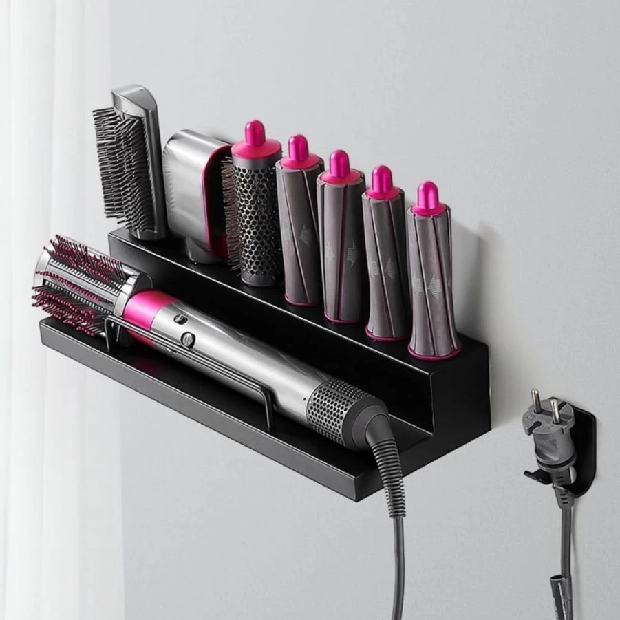 Chewtoyo Wall-Mounted Shelf Organizer Rack for Hair Tools - Storage Holder for Dyson Airwrap, Dryer, Curling Iron & Styler, Bathroom & Bedroom Accessory Hook