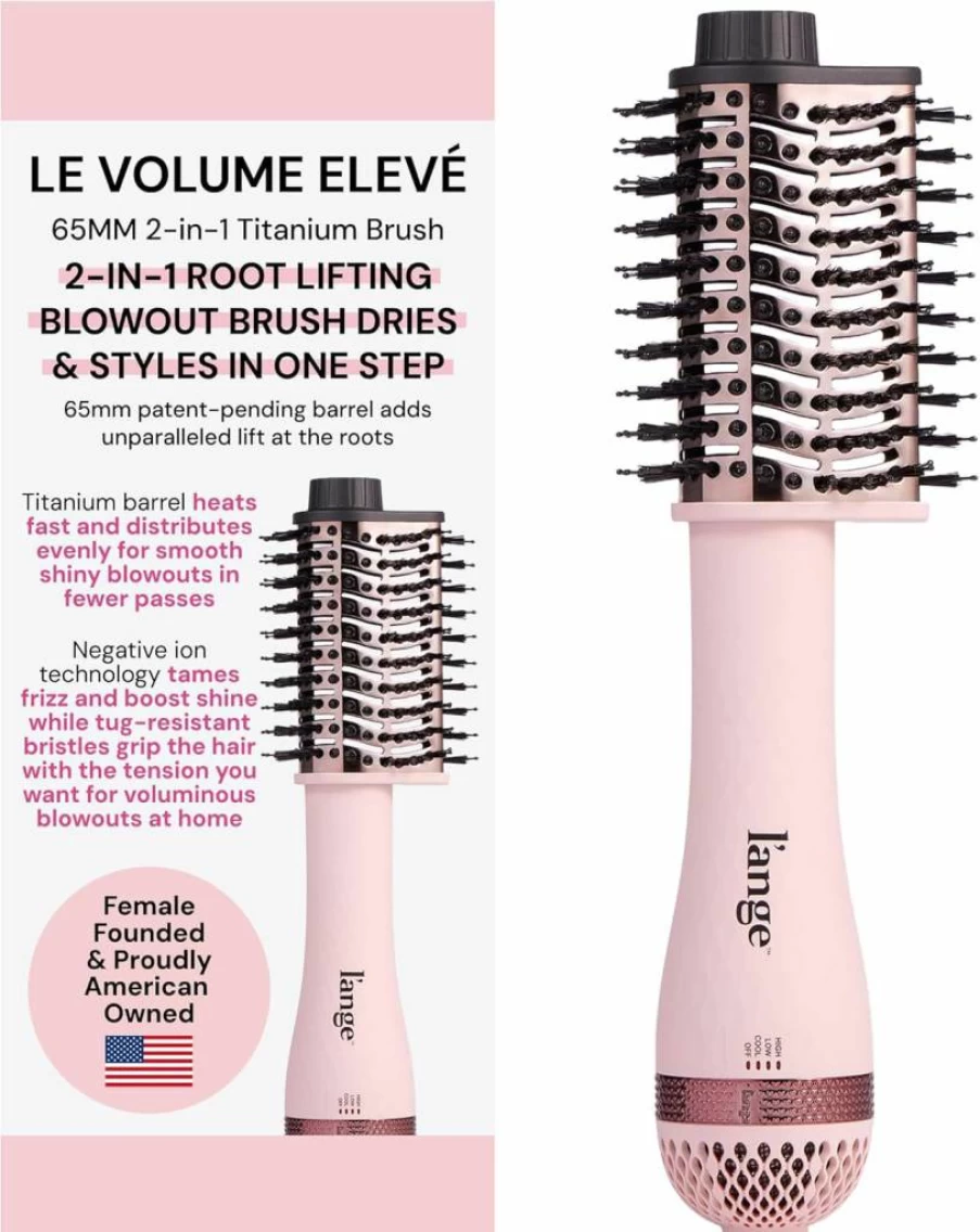 L'ANGE HAIR Le Volume Elevé 2-in-1 Titanium Hair Dryer Brush - 65mm Teardrop Barrel, 3 Heat Settings, 360° Vented Airflow, Ionic Technology for Frizz-Free Styling (Blush)