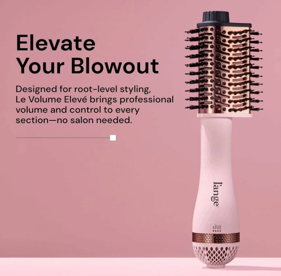 L'ANGE HAIR Le Volume Elevé 2-in-1 Titanium Hair Dryer Brush - 65mm Teardrop Barrel, 3 Heat Settings, 360° Vented Airflow, Ionic Technology for Frizz-Free Styling (Blush)