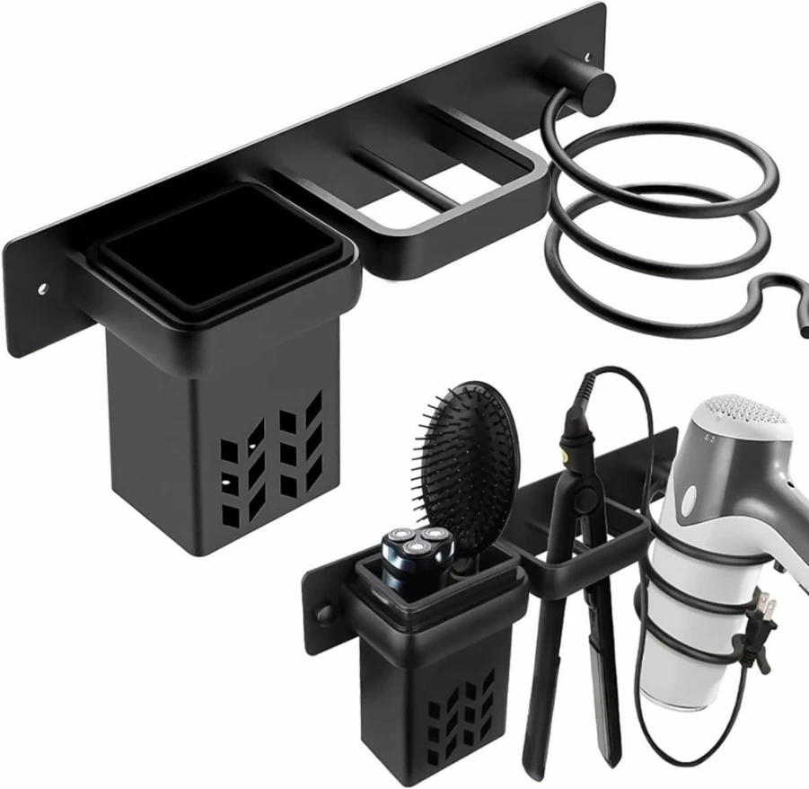 TIE-DailyNec Wall Mounted Hair Dryer Holder - Blow Dryer Storage Rack for Bathroom & Bedroom, Organizer for Flat Iron, Curling Wand, Hair Straightener - Black Beauty Tool Organizer