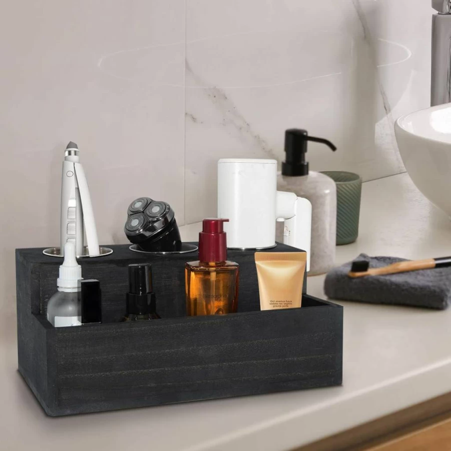 RJMKD Rustic Black Wooden Hair Dryer Holder - 3 Hole Bathroom Vanity Organizer for Hair Tools & Accessories, Countertop Storage Solution