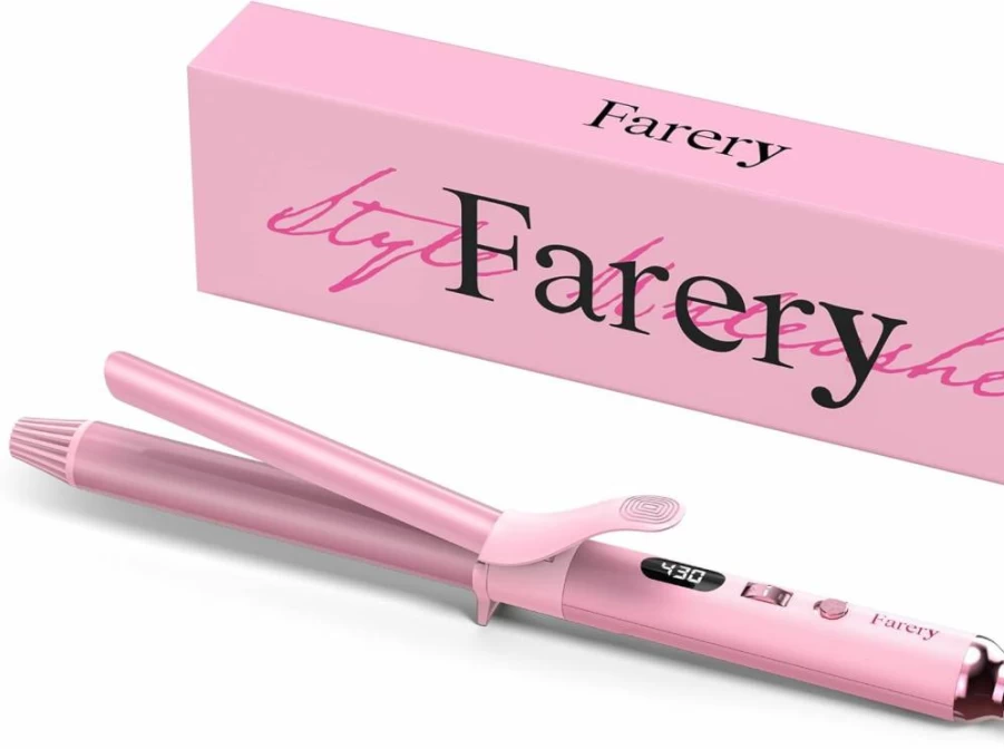 FARERY 1.25 Inch Long Barrel Curling Iron for Thin Hair with Argan Oil & Keratin, 11 Adjustable Temperature Settings, Includes Clips & Silicone Pad - Pink