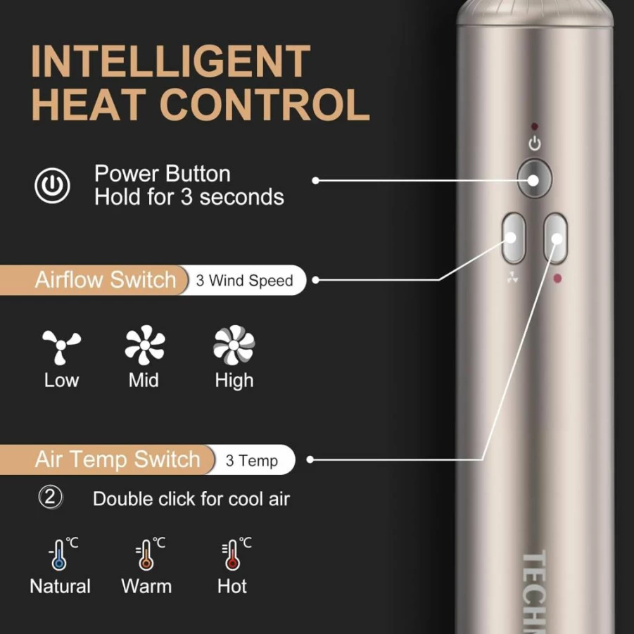 TECHMERI Air Styler Hair Dryer Brush - 2-in-1 Blow Dryer & Volumizing Hot Air Brush for Smoothing & Styling