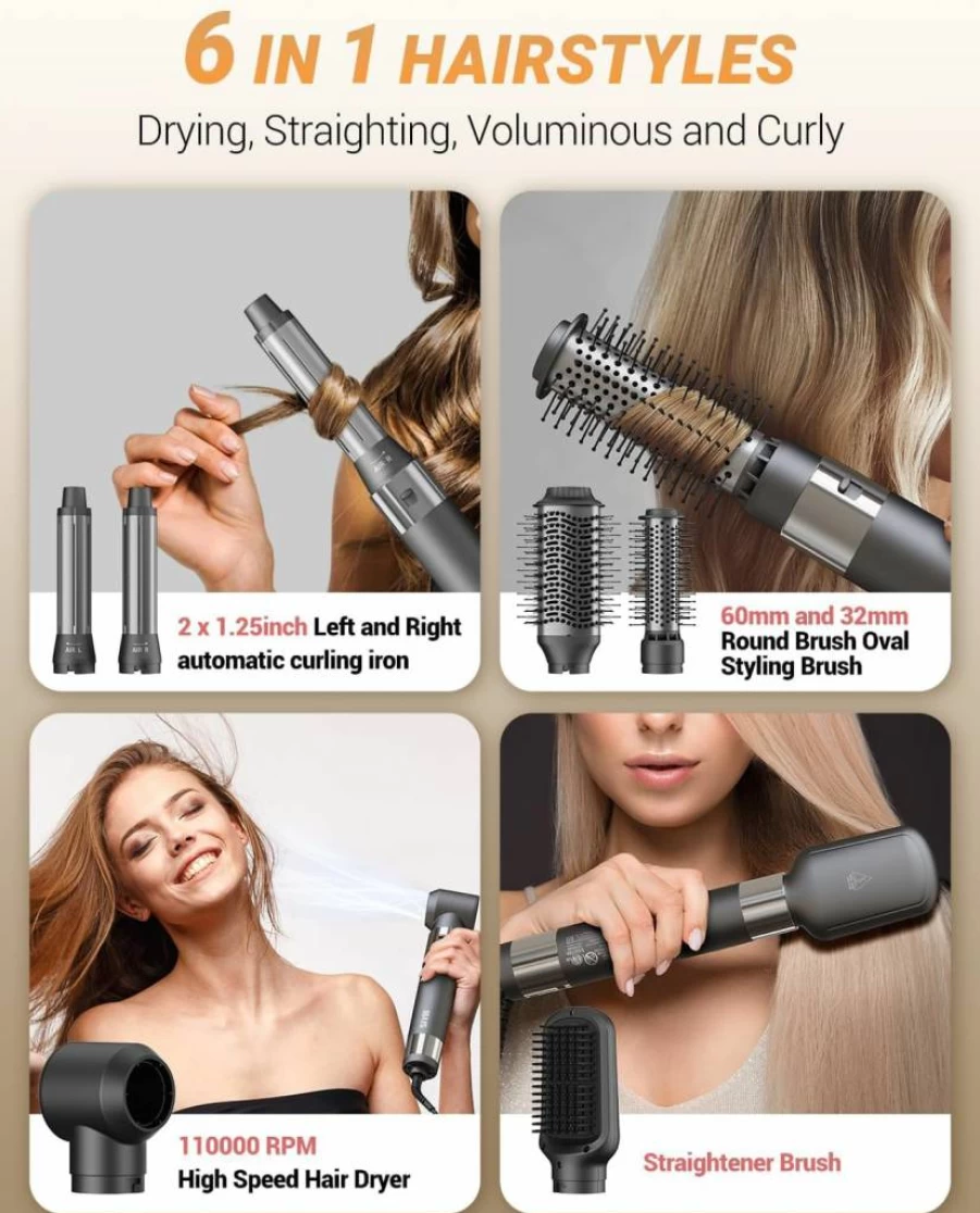 IBAYS 6-in-1 Hair Dryer Brush with Negative Ion Technology, High-Speed 110K RPM Blow Dryer for Frizz-Free Styling, Curling, Volumizing & Straightening