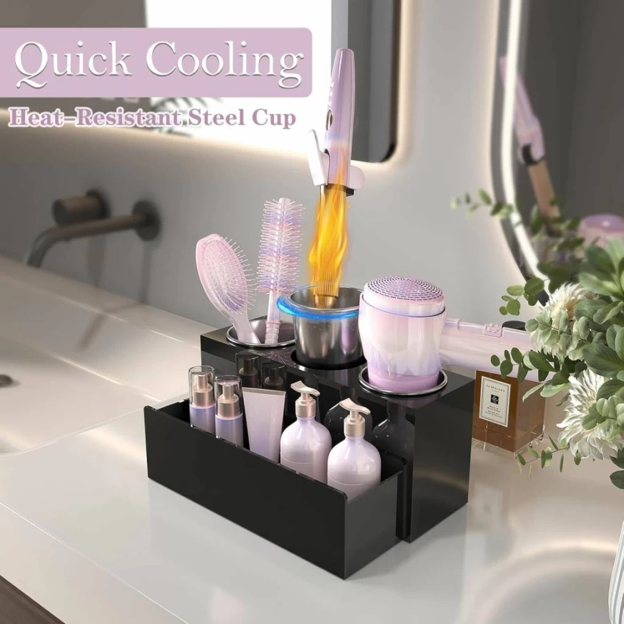 PITBVO Acrylic Hair Tool Organizer with 3 Detachable Cups, Countertop Vanity Storage for Hair Dryer, Curling Iron & Styling Tools, Bathroom Accessories (Matte White)