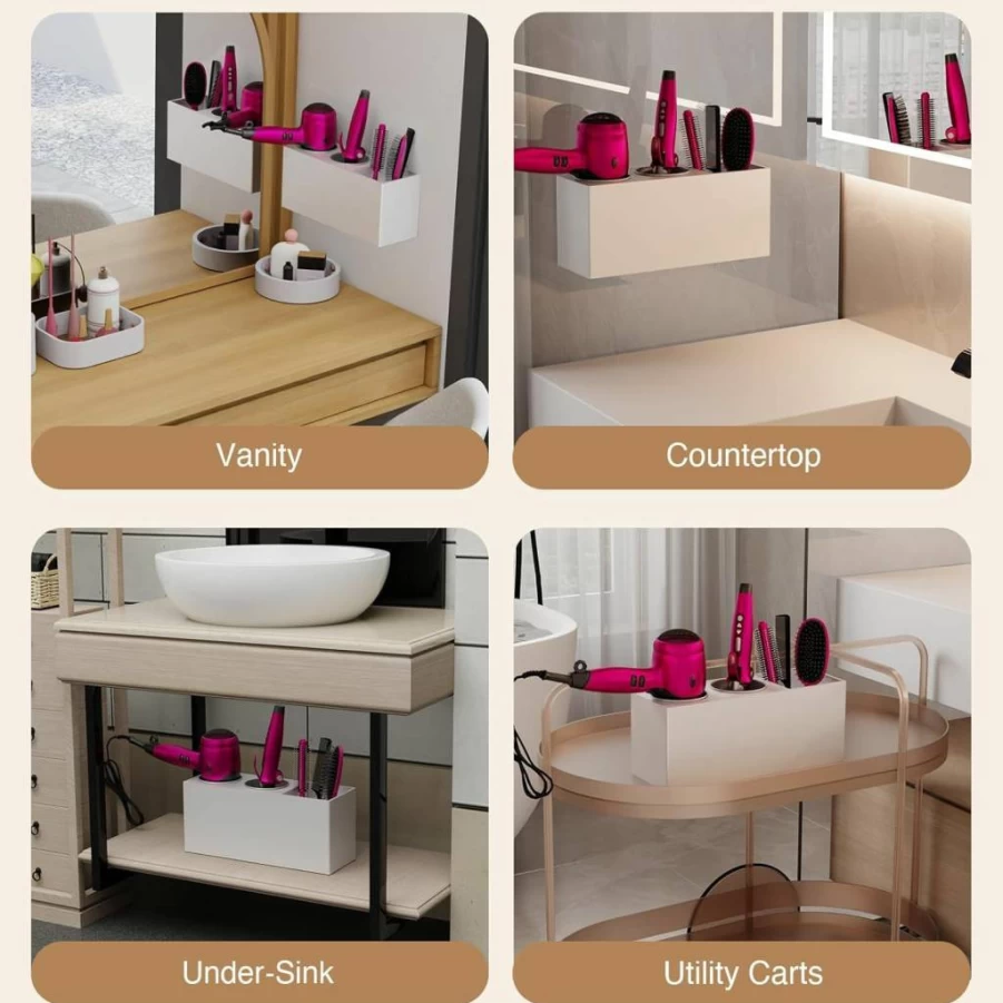 ZASIMO Acrylic Wall Mount Hair Tool Organizer with 2 Stainless Steel Cups - Holder for Hair Dryer, Straightener, Flat Iron & Curling Wand