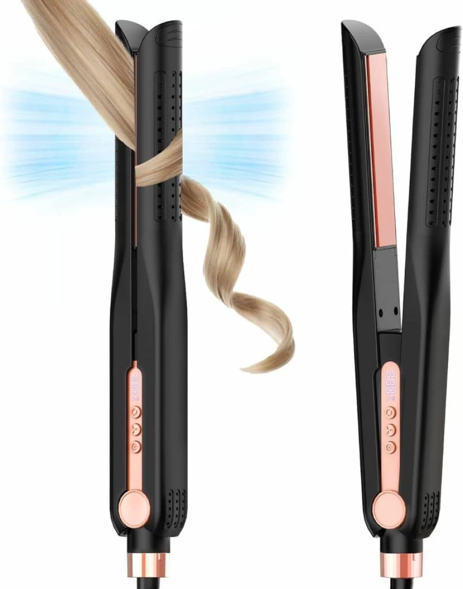SKIMI Titanium Flat Iron & Curling Iron with Airflow Cooling Vents, 5 Temperature Settings, Dual Voltage, Auto Shutoff - Professional Hair Styler for Straight & Curly Hair (Black & Pink)