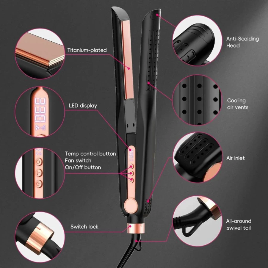 SKIMI Titanium Flat Iron & Curling Iron with Airflow Cooling Vents, 5 Temperature Settings, Dual Voltage, Auto Shutoff - Professional Hair Styler for Straight & Curly Hair (Black & Pink)