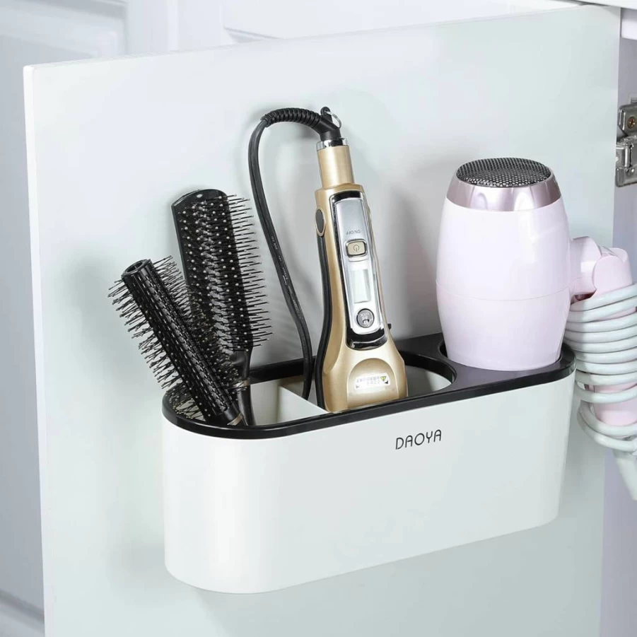 DAOYA White Hair Dryer Holder - Bathroom Tool Organizer for Blow Dryer, Curling Iron & Styling Tools, Space-Saving Cabinet Door Storage