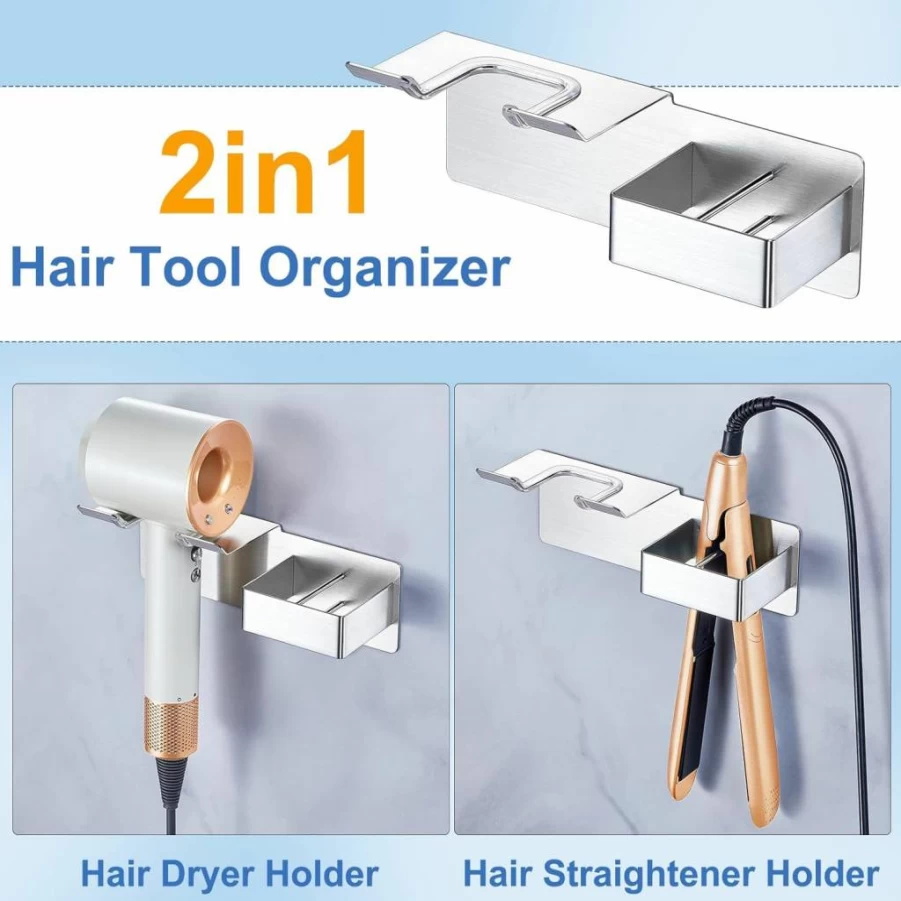 XILIMEN Wall Mounted Hair Tool Holder - Adhesive Stainless Steel Organizer for Hair Dryer, Straightener, Flat Iron & Curling Iron - Bathroom & Bedroom Storage Solution