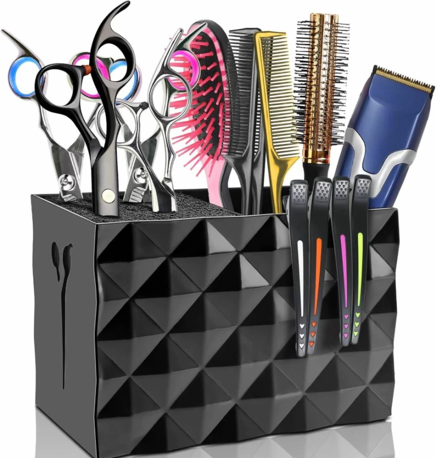 NICEMOVIC Professional Barber Scissors Holder Box – Salon Organizer for Hairdressing Shears, Combs, Clips & Brushes – Black Storage Rack for Styling Tools