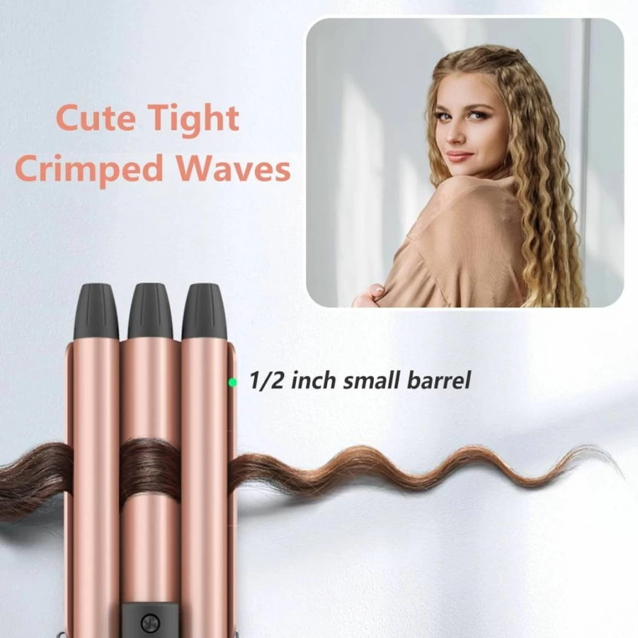 CIVEYA Mini Crimper for Short Hair - 1/2 Inch 3 Barrel Waver with Argan Oil, Easy Use Curling Iron for Small Beach Waves