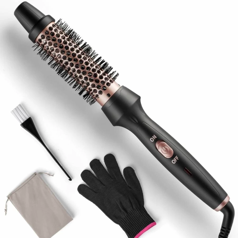 LOVANI Pro Heated Round Brush 1.25 Inch Ceramic Tourmaline Ionic Hot Air Styler for Blowout Curls Fast Heating Dual Voltage Thermal Brush for Short & Long Hair (Black)