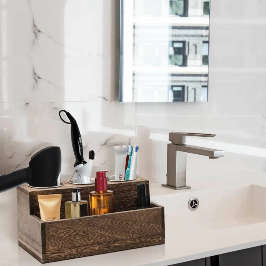 RJMKD Wooden Hair Dryer Holder - Bathroom Vanity Organizer with 3 Holes for Hair Tools, Storage Compartment for Hair Accessories, Countertop Rustic Decor