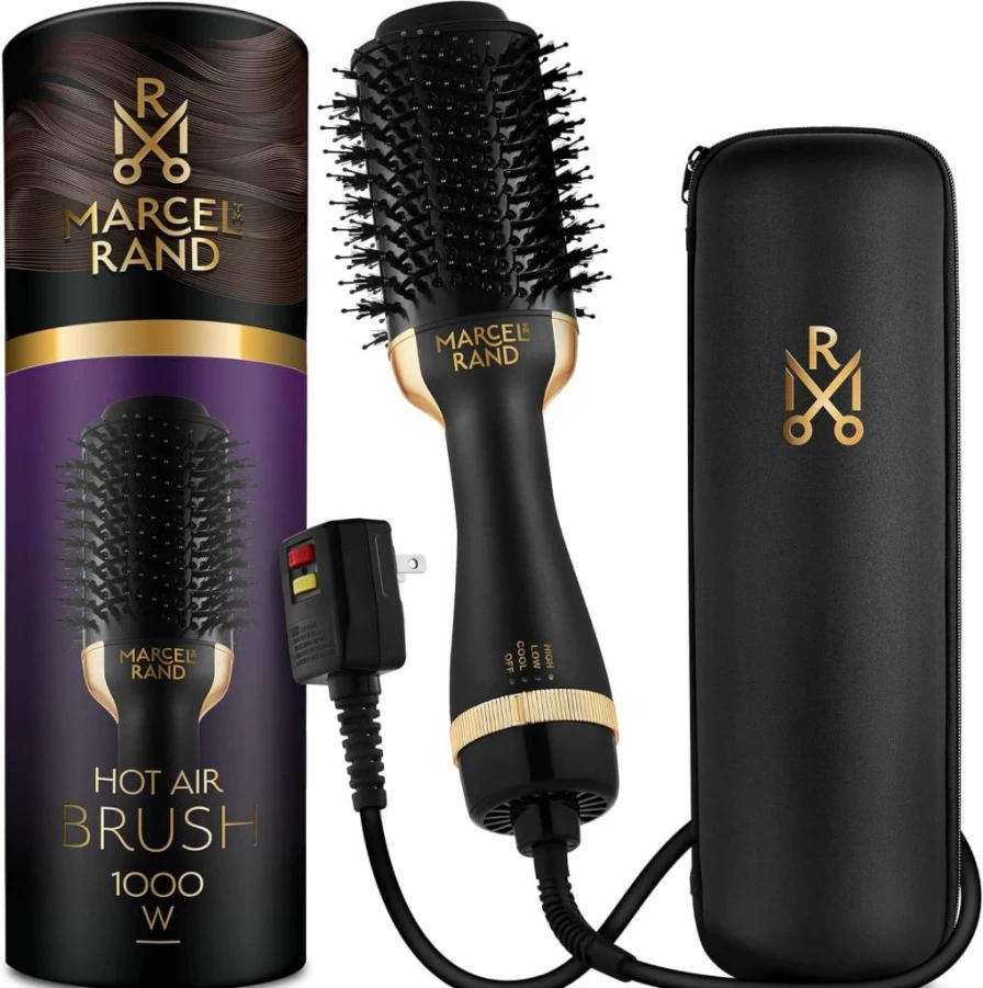 MARCEL RAND Professional 2-in-1 Oval Hair Brush & Blow Dryer for Women - 75mm Volumizing Styler with Hard Travel Case & Gift Box (Black & Gold)