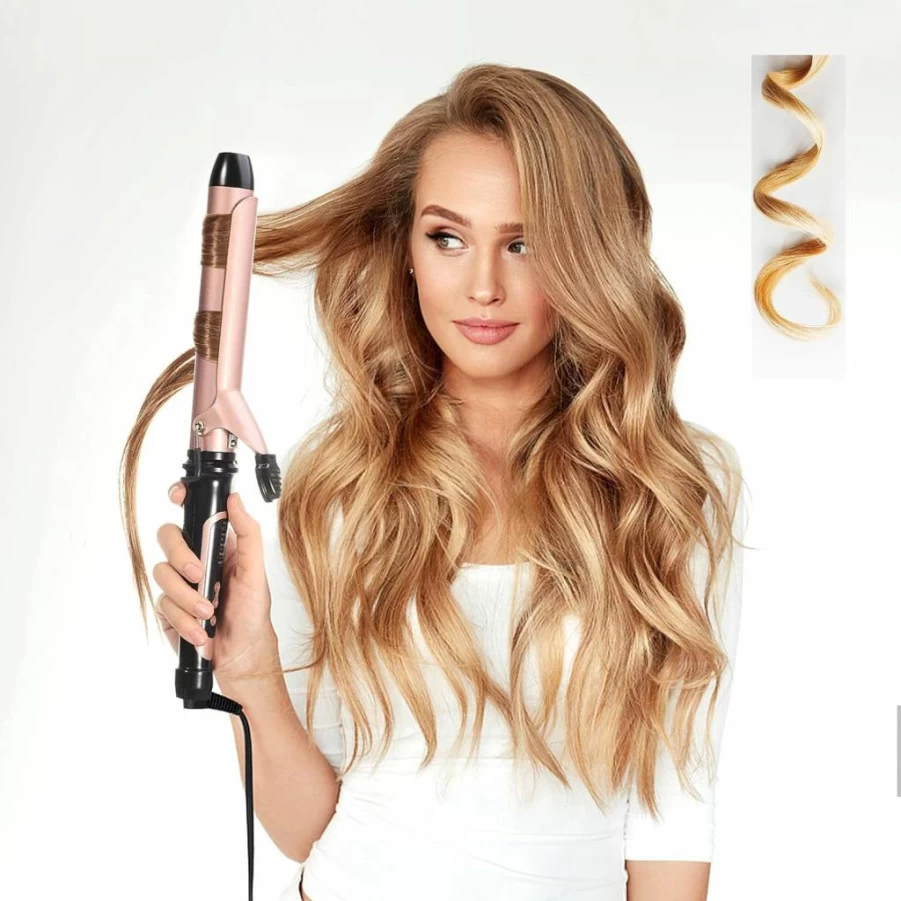 LANVIER Rose Gold 1.25 Inch Tourmaline Ceramic Hair Curling Iron, Professional 450°F Dual Voltage Travel Curler for Women, Long Barrel Hair Styler for Waves & Curls