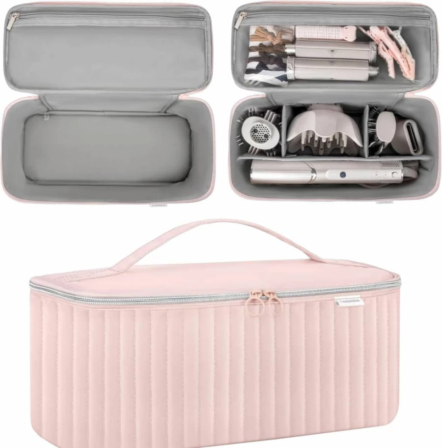 Lexeeco Travel Storage Bag for Hair Styling Tools - Compatible with Dyson Airwrap, Shark Flexstyle, Revlon Hair Dryer & Brushes, Portable Organizer Case (Camel)
