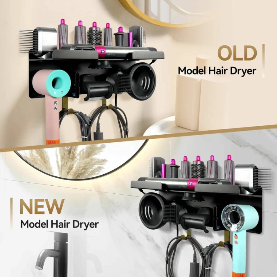 Belicheto Wall Mounted Hair Tool Organizer - 2-in-1 Dyson Airwrap & Hair Dryer Holder with Magnet & Hook, Bathroom Styler Stand for Curling Iron & Accessories, Compatible with HD16