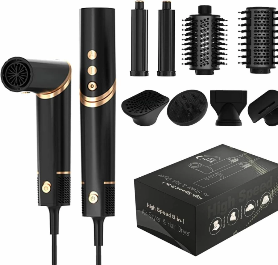 AKJ 8-in-1 Hot Air Brush: High-Speed 110K RPM Ionic Hair Dryer & Styler for Drying, Straightening, Curling, Volumizing (Champagne)