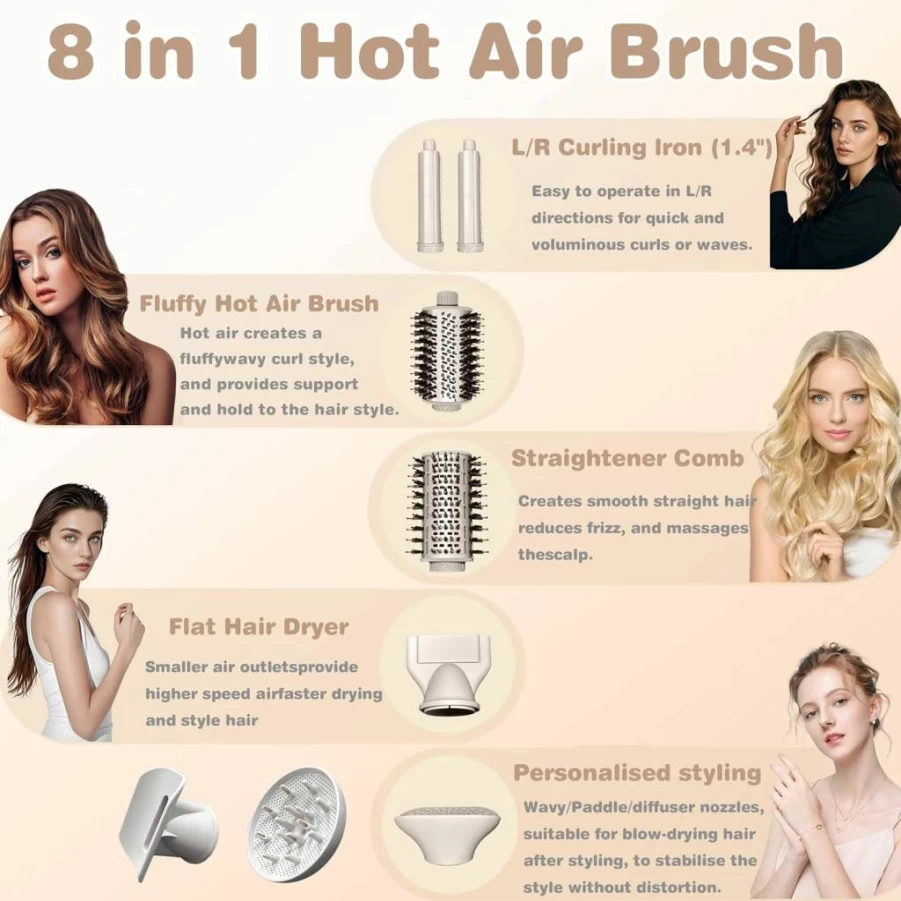 AKJ 8-in-1 Hot Air Brush: High-Speed 110K RPM Ionic Hair Dryer & Styler for Drying, Straightening, Curling, Volumizing (Champagne)