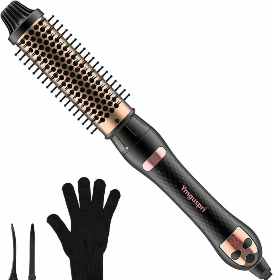 Ymguspri 1.5 Inch Ceramic Ionic Heated Round Brush - Dual Voltage Thermal Hair Styler for Smooth Blowout, Straightening & Curling (Rose Gold)