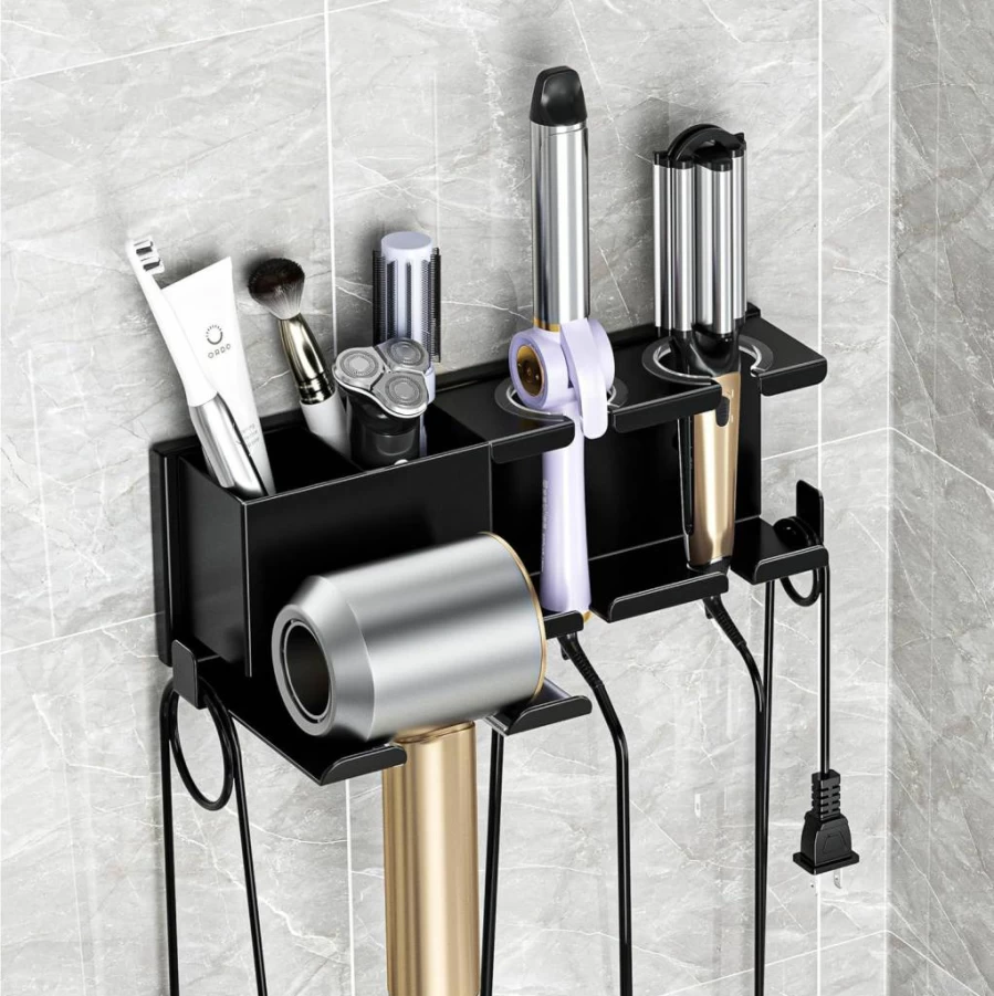 MAYZOLOP Wall Mounted Hair Dryer Holder - Bathroom Organizer for Blow Dryer, Curling Iron & Styling Tools, Space-Saving Hook Hanger with Strong Adhesive