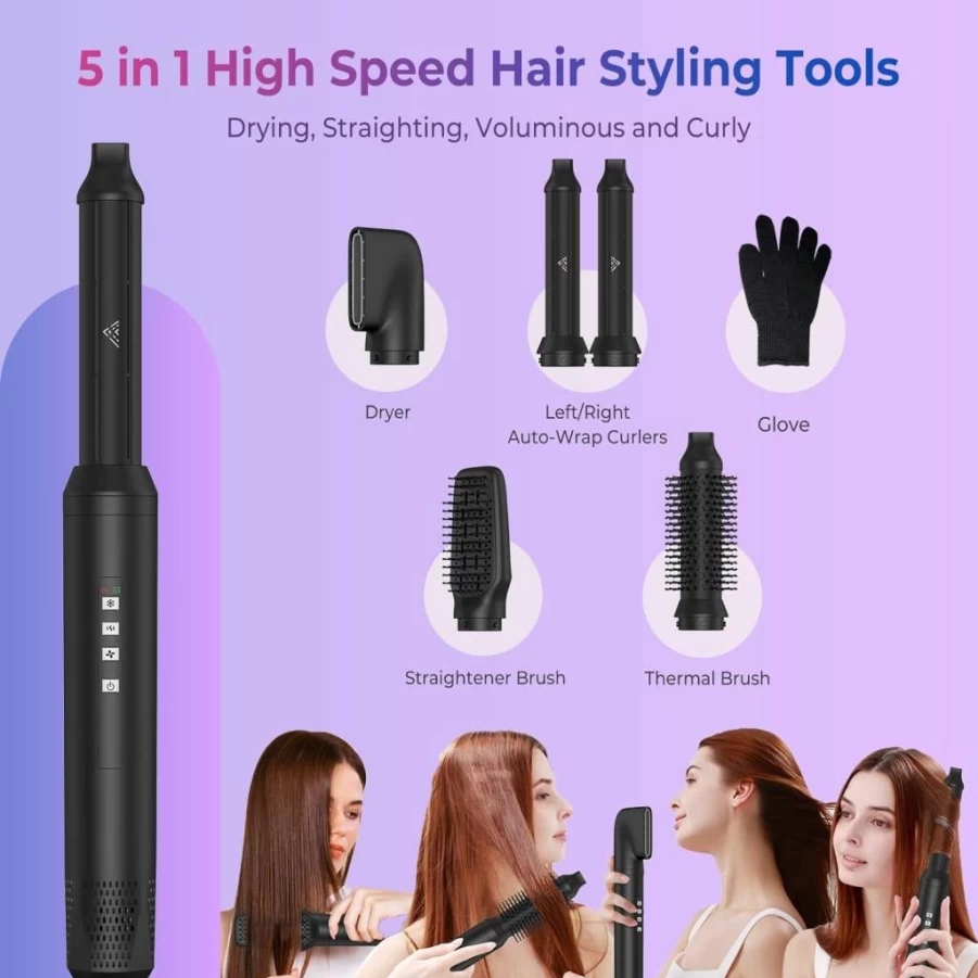 OKWRAP 5-in-1 Hot Air Brush - High Speed Hair Dryer & Styler with Auto-Rotating Curler for Straightening, Volumizing & Fast Drying (110,000 RPM)