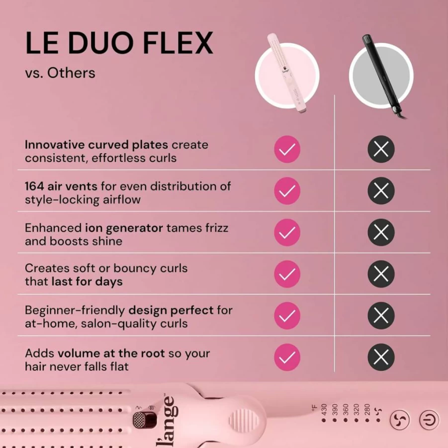 L'ANGE HAIR Le Duo Flex 360 Airflow Titanium Curling Iron - Adjustable Heat Settings for Waves & Volume, Dual Voltage Styler for All Hair Types