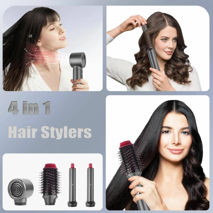 4-in-1 Ionic Hair Dryer Brush & Curling Wand Set - Fast Drying, Styling, Volumizing & Straightening Blow Dryer Styler for Salon Results