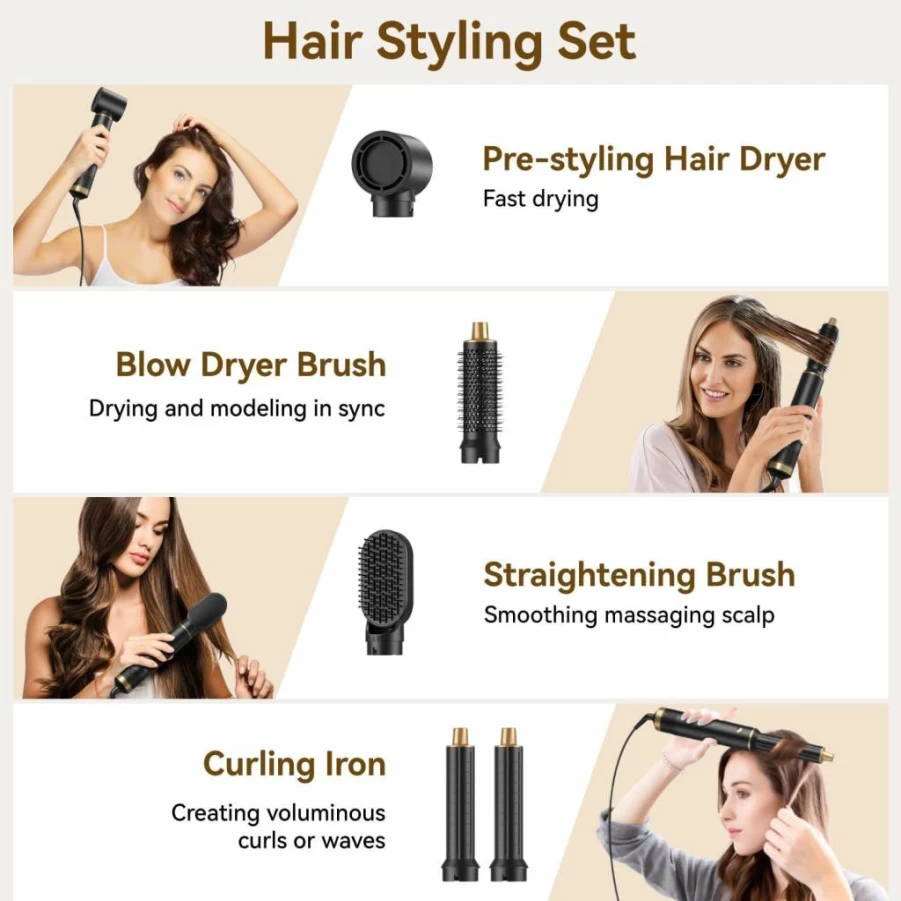 JINYAWA Pro 5-in-1 Air Styler & Ionic Hair Dryer Brush Set - 800W Heat Protect Hair Styling Tool for Fast Drying, Curling, Volumizing & Straightening