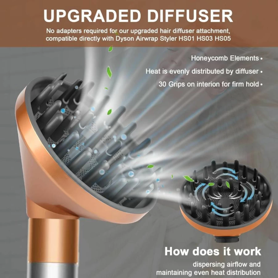 WAJIAYON Dyson Airwrap Diffuser Attachment for HS01 HS03 HS05 - Faster Drying Big Nozzle Hair Dryer Converter - Fuchsia Pink