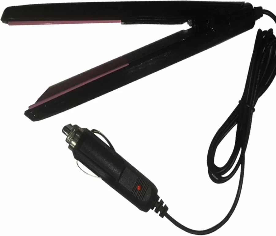 Unifizz 12V Travel Hair Straightener - Portable Car Flat Iron for Styling, Dual Voltage, Compact Design (Black & Pink)