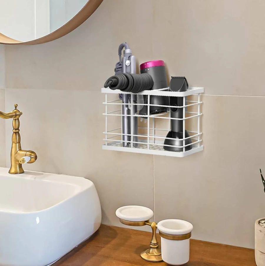 Wetheny Wall Mounted Hair Dryer Holder - Rustproof Bathroom Organizer for Blow Dryers, Flat Irons & Curling Tools, Space-Saving Cabinet/Door Storage