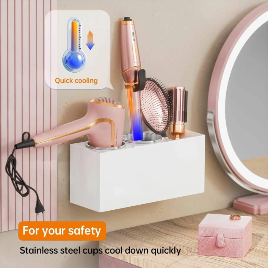 YUNEASELF Acrylic Hair Tool Organizer Wall Mount - Bathroom Styling Tools Holder for Hair Dryer, Curling Iron, Flat Iron - White Countertop & Cabinet Door Storage