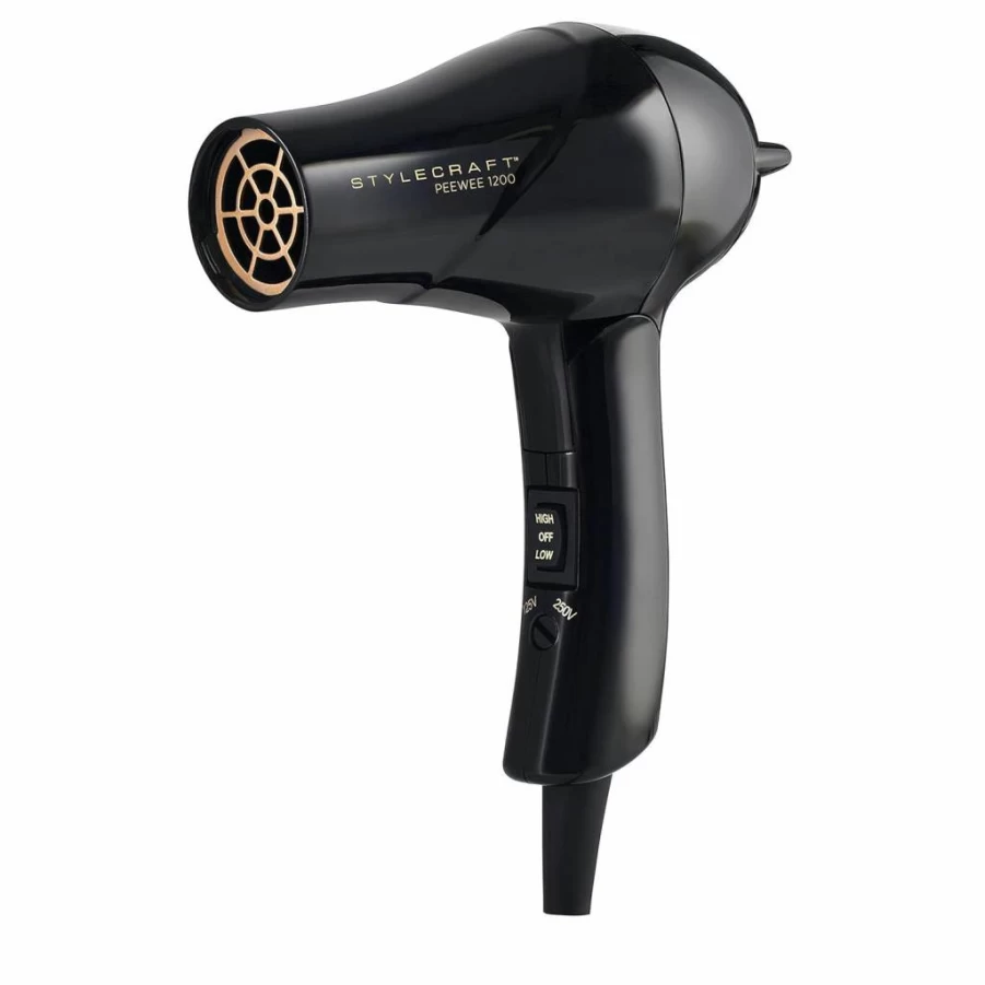 Stylecraft Peewee Dual Voltage Travel Hair Dryer - Lightweight, Portable, Tri-Plex Technology, Ionic Turbo Motor with Concentrator Nozzle & Diffuser, Includes Travel Bag, Black